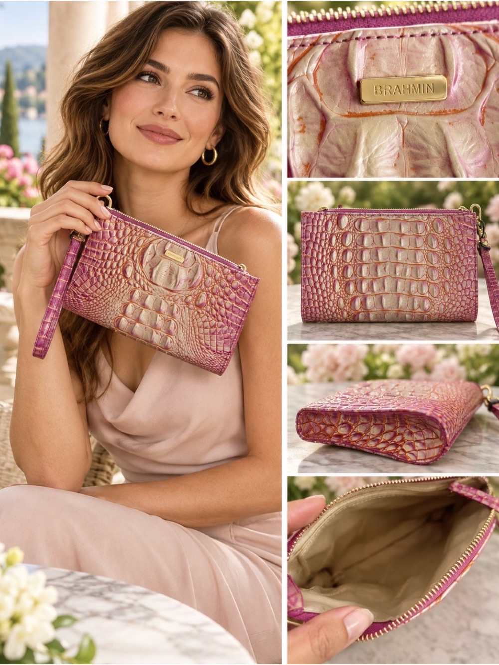 Brahmin NWT Iridescent Pink Croc-Embossed Wristlet Clutch Wristlet NWT - Picture 5 of 7
